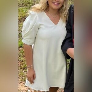 Love Riche White Lined V-Neck Midi Dress with Puff Sleeves sz L